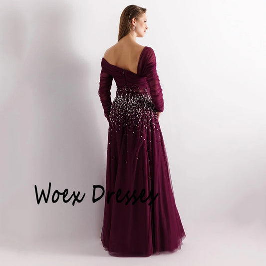 Burgundy Crystal Tulle Prom Gown