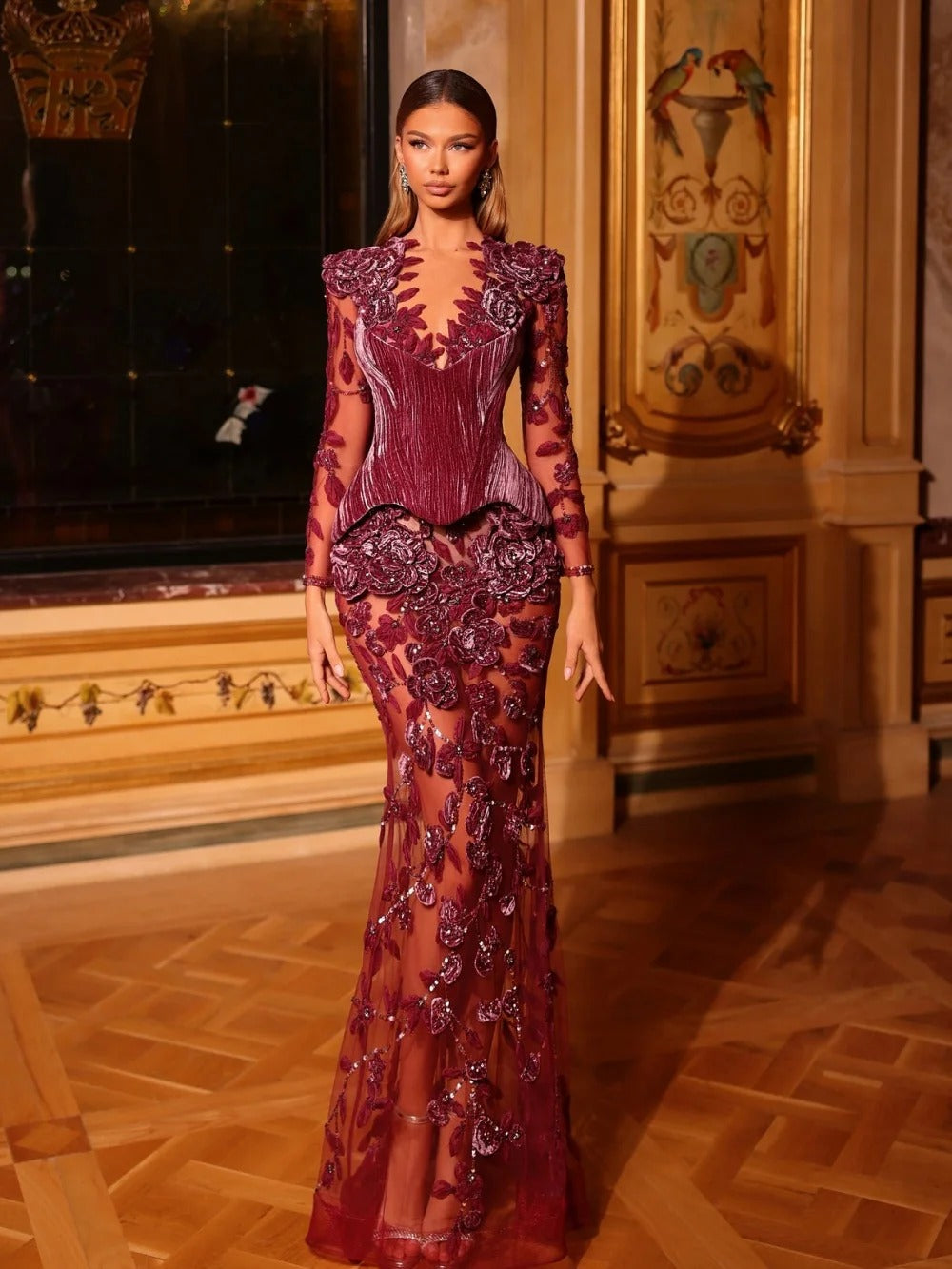 Deep V Floral Velvet Evening Dress