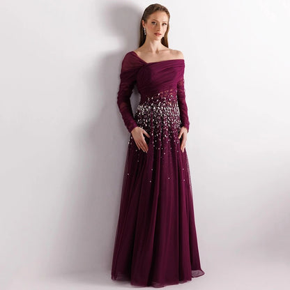 Burgundy Crystal Tulle Prom Gown