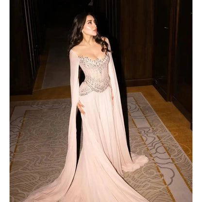 Beaded Chiffon Cape Evening Gown