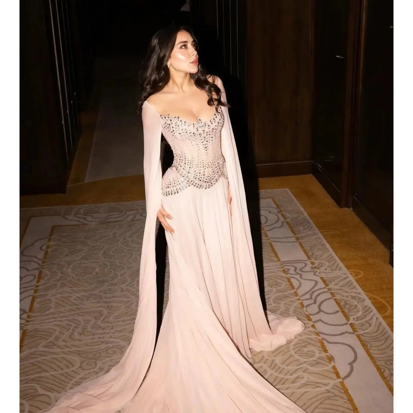 Beaded Chiffon Cape Evening Gown