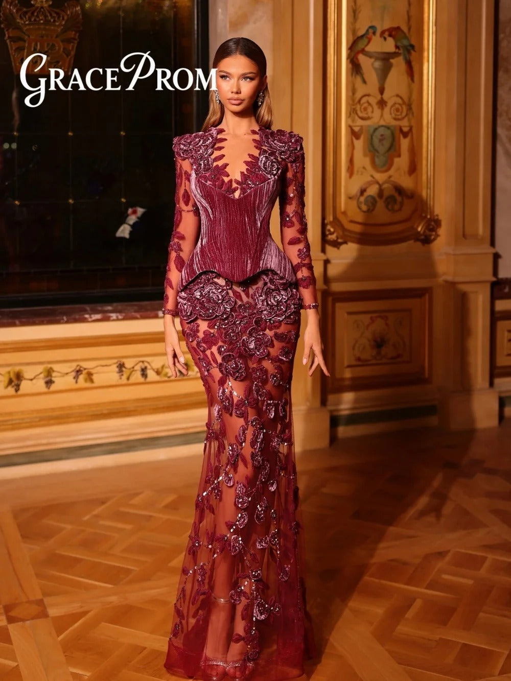 Deep V Floral Velvet Evening Dress
