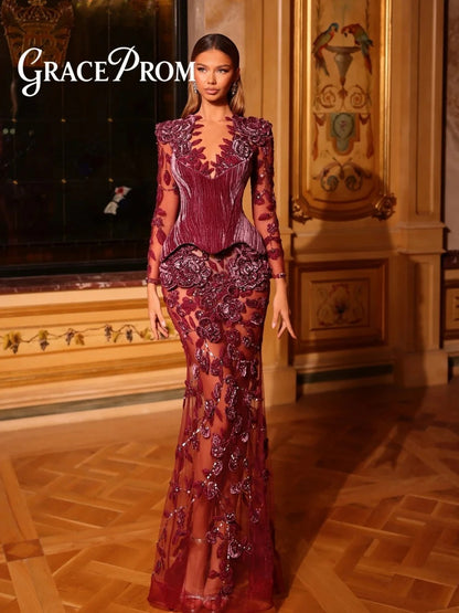 Deep V Floral Velvet Evening Dress