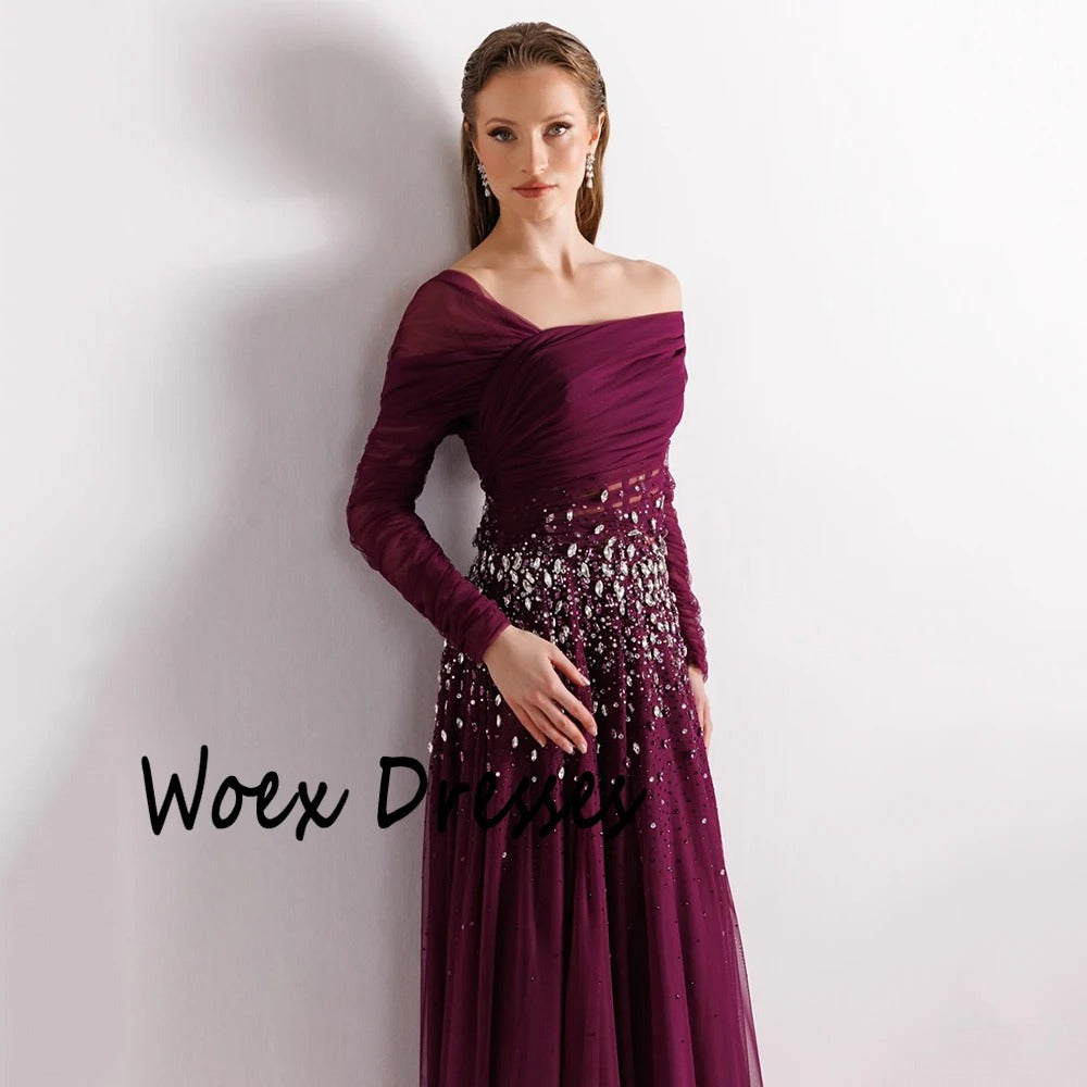 Burgundy Crystal Tulle Prom Gown