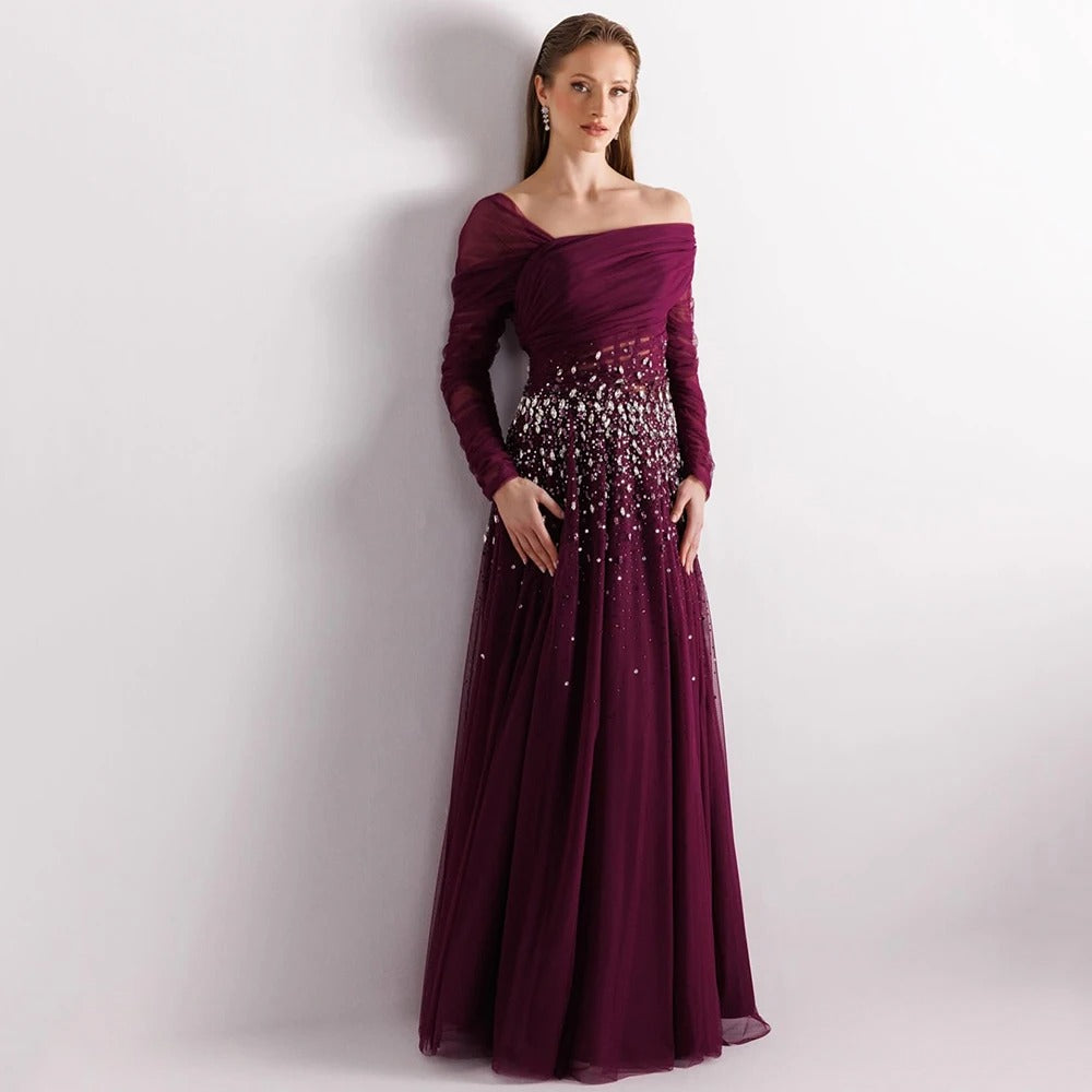 Burgundy Crystal Tulle Prom Gown